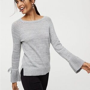 LOFT Light Heather Gray Silver Shimmer Bell Sleeve Tie Cuff Long sleeve Sweater